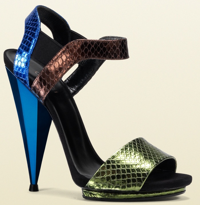 gucci liberty metallic sandals in brown blue and olive green python
