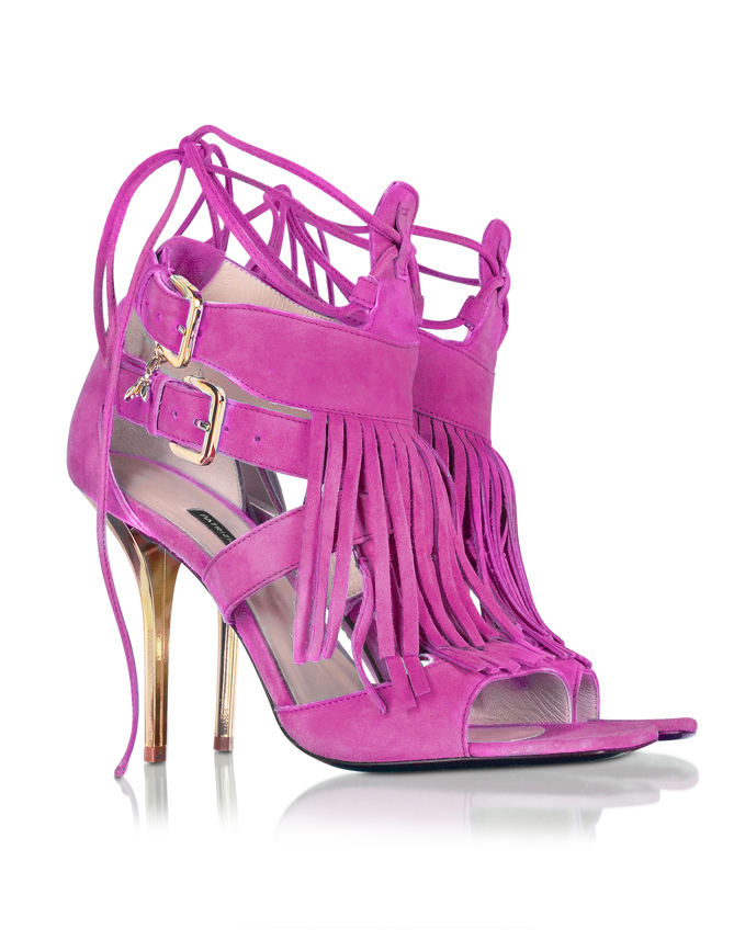 Peony Pink Suede and Leather Fringe High Heel Sandal