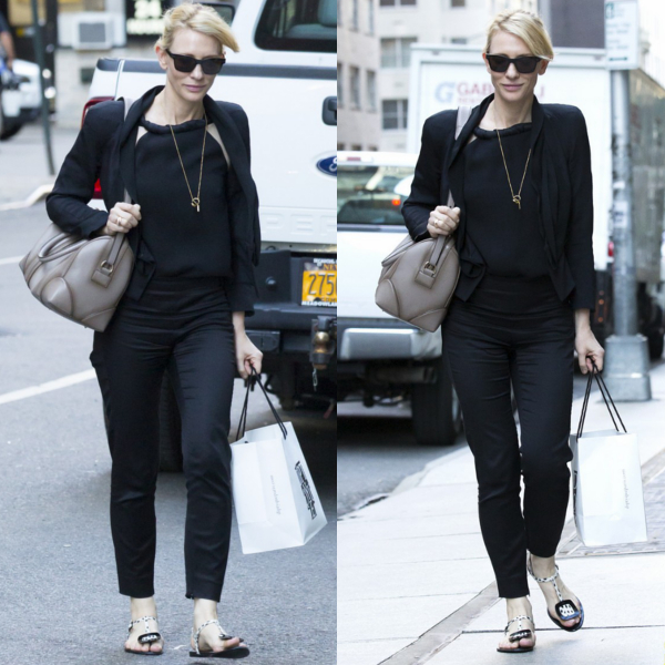 cate-blanchett-black-pantsuit-sandals