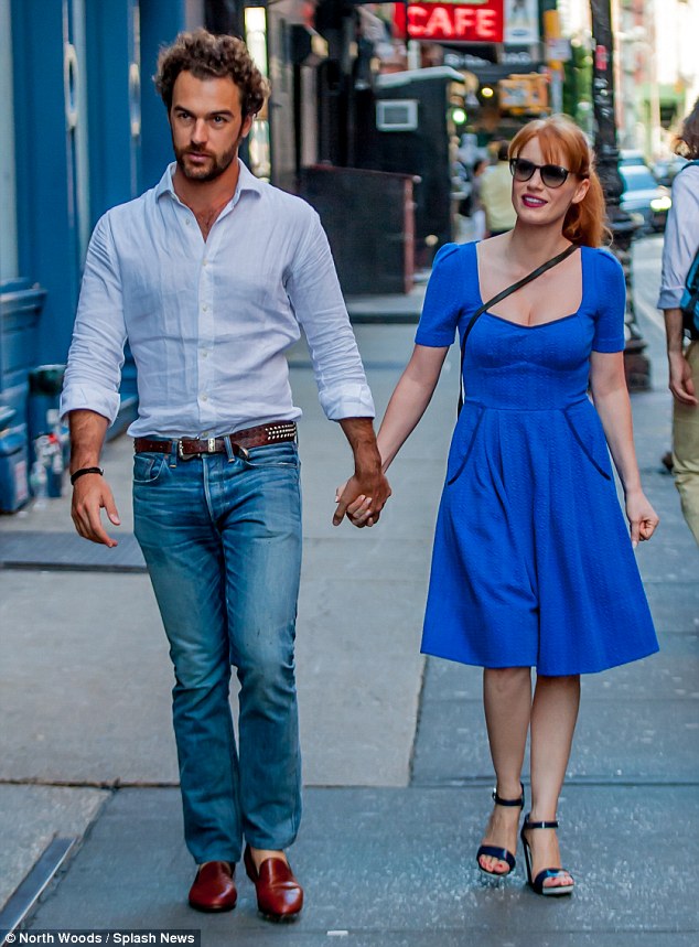 jessica chastain blue dress ankle strap sandals block heels