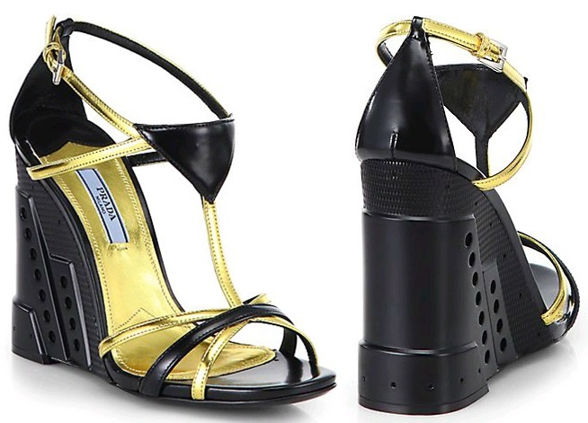 prada metallic leather perforated wedge sandals 3-horz