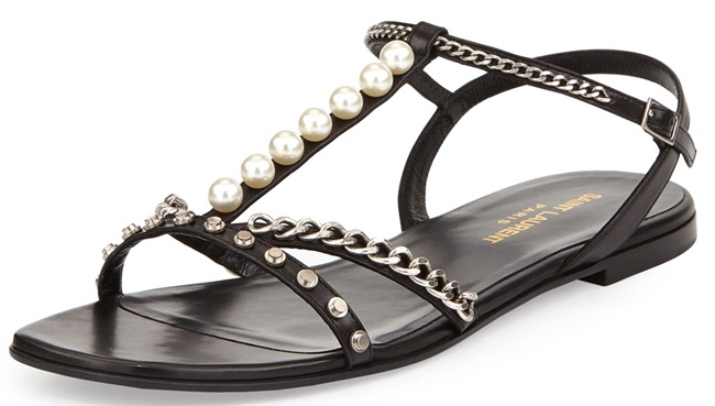 saint laurent t strap sandal pearl stud chain