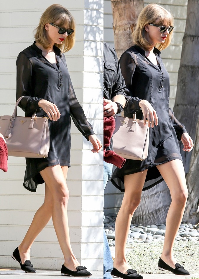 taylor-swift-miu miu bow loafers flats black shirtdress-horz