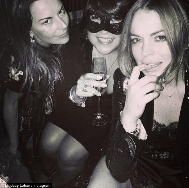 Lindsay Lohan sequined blazer snake pumps lace slip dress e l james party fashion week 2