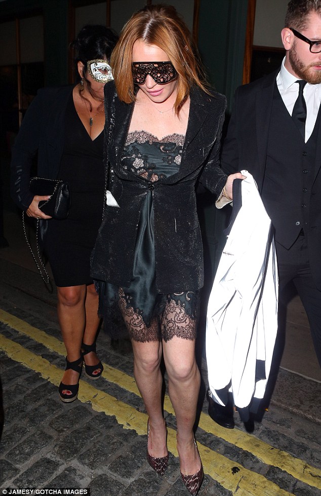 Lindsay Lohan sequined blazer snake pumps lace slip dress e l james party fashion week