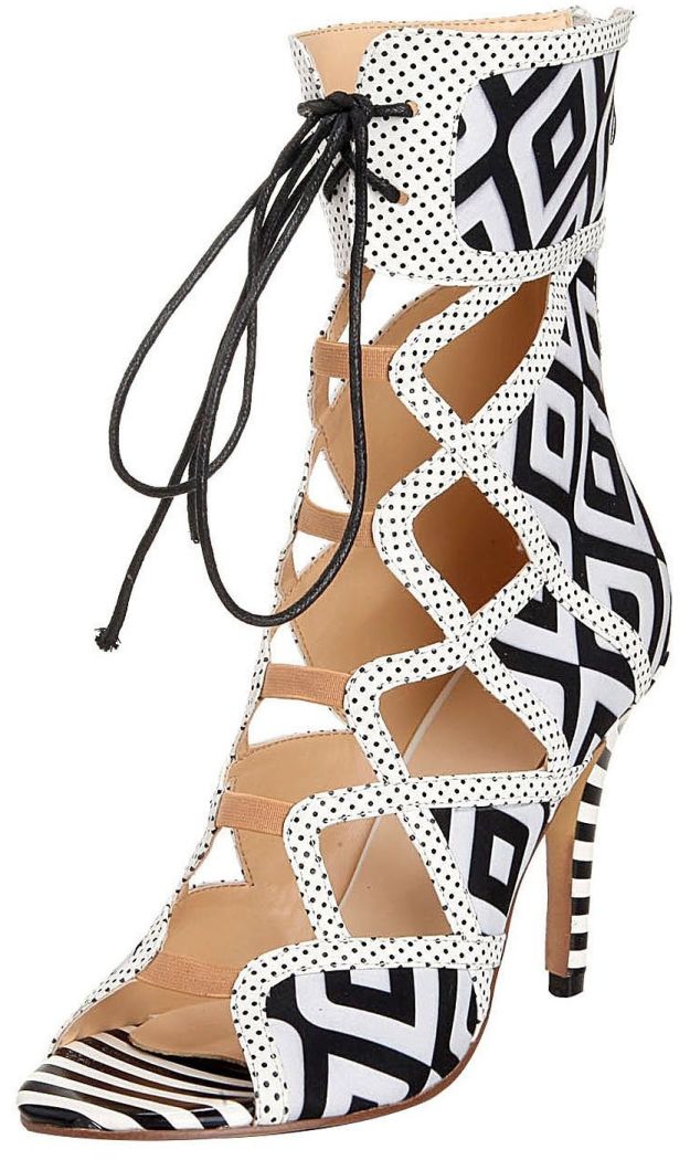 honeystore geometric pattern zebra print ankle cuff lace up sandals