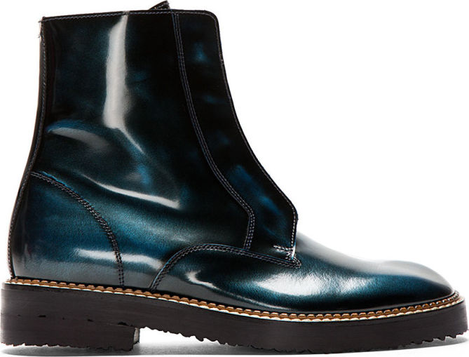 maison martin margiela lace up patent boots blue