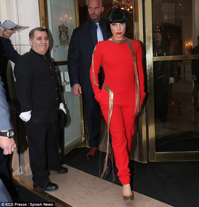 lady gaga red outfit gold pumps paris 3