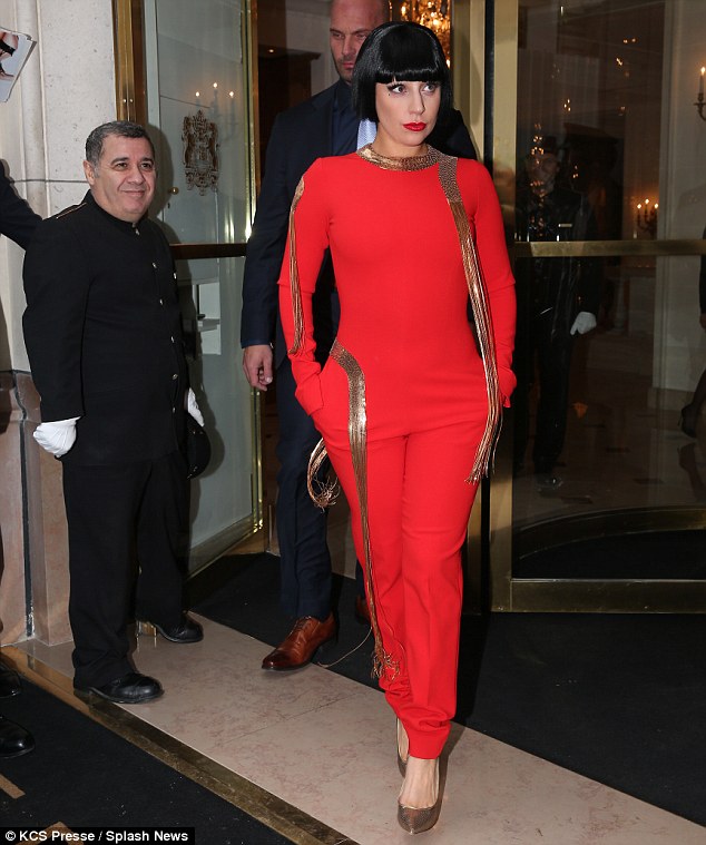 lady gaga red outfit gold pumps paris