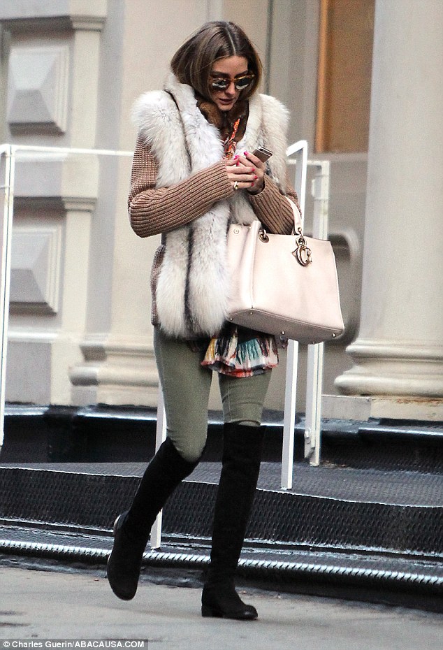 olivia palermo fur vest stuart weitzman boots printed scarf new york fall 2014 2