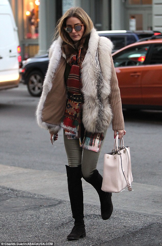 olivia palermo fur vest stuart weitzman boots printed scarf new york fall 2014