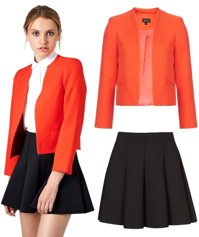 topshop crop jacket and mini pleated skirt