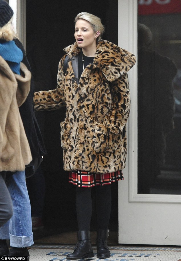 dianna agron leopard coat plaid skirt saint laurent boots