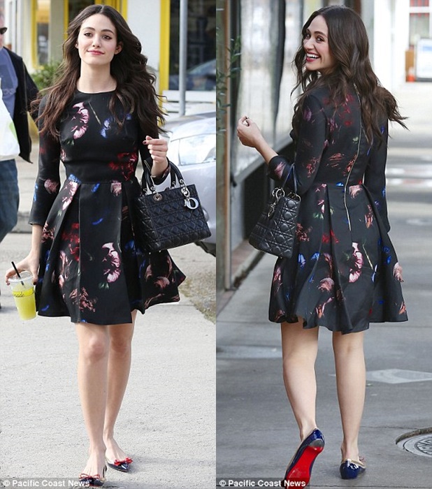 emmy rossum christian louboutin flats fit flare floral dress decembe 2014-horz