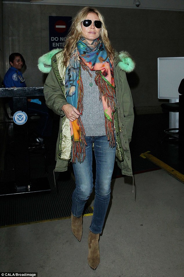 heidi klum style airport saint laurent boots multicolored scarf