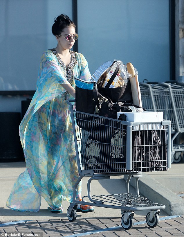 lady gaga kaftan grocery shopping plastic sandals