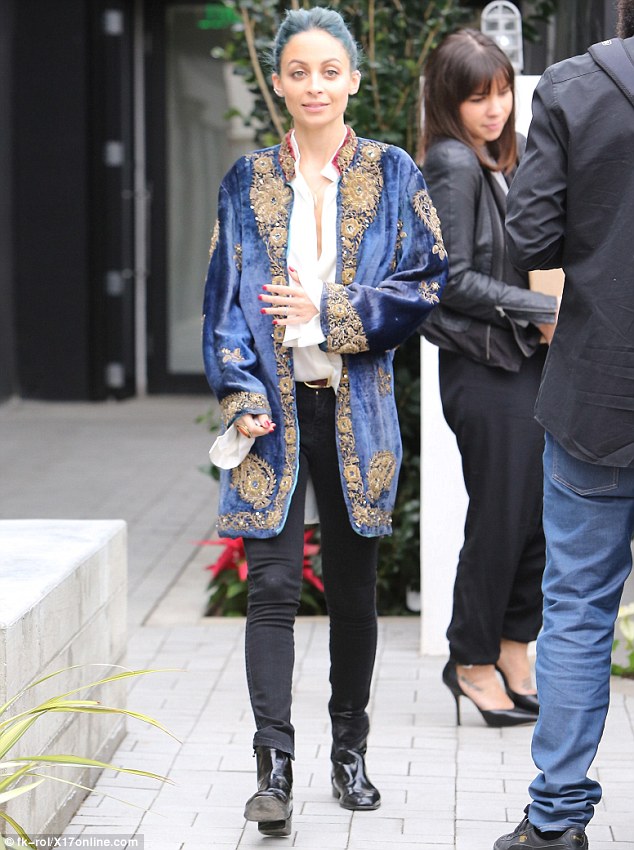 nicole richie blue embroidered velvet coat patent boots