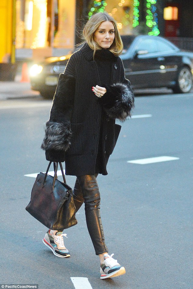 olivia palermo sneakers winter fur cardigan leather pants