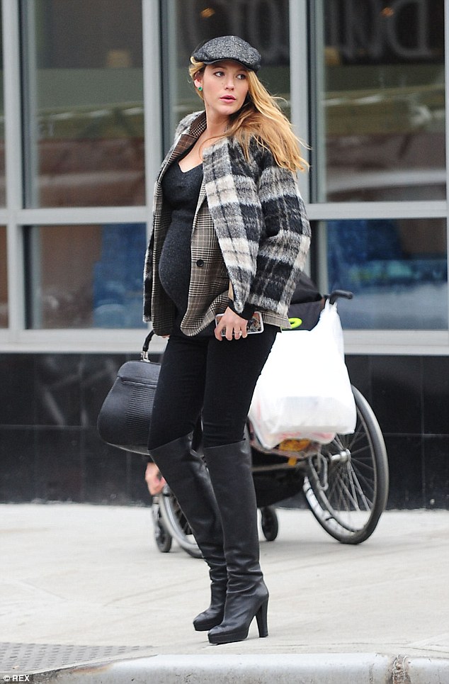 blake lively plaid coat over the knee boots pregnancy style december 2015