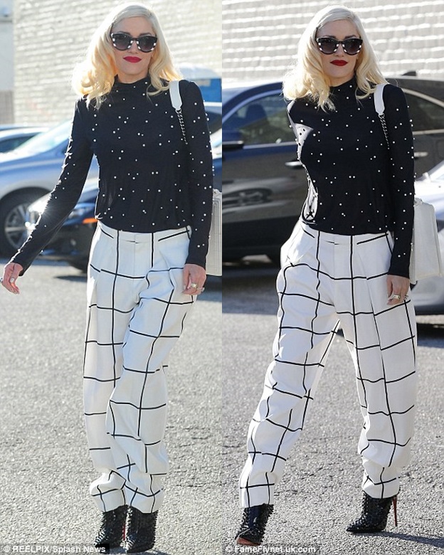 gwen stefani christian louboutin studded booties white checkered pants 3-horz