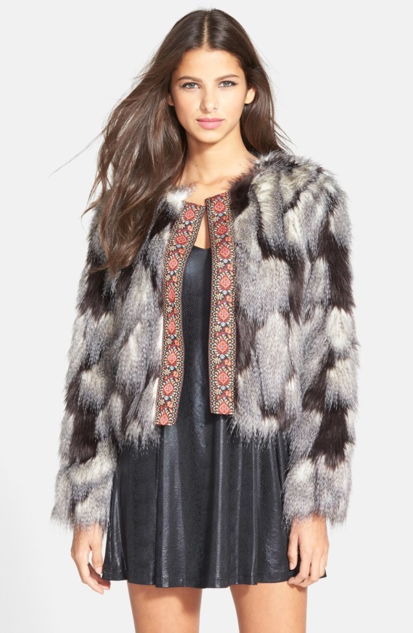 leth brocade faux fur jacket