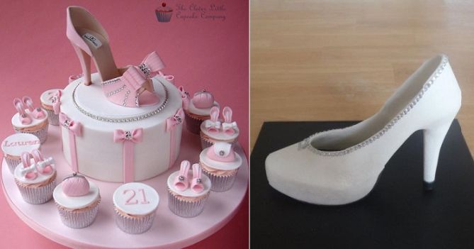 high-heel-shoe-cake-21st-birthday-cake-by-The-Clever-Little-Cupcake-Co.-UK-left-and-bridal-shoe-cake-topper-by-Cakes-by-Beatriz-right