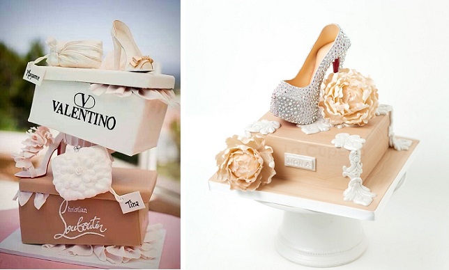 shoe box cake via cakedecoration ideas.com left and Louboutin platform shoe stiletto cake by La Cupella right