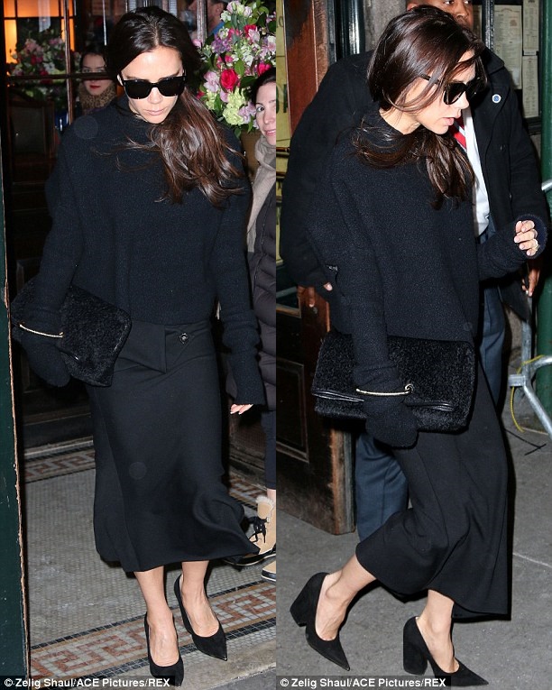 victoria beckham fall 2015 collection new york fashion week black skirt sweater block heel pumps2-horz