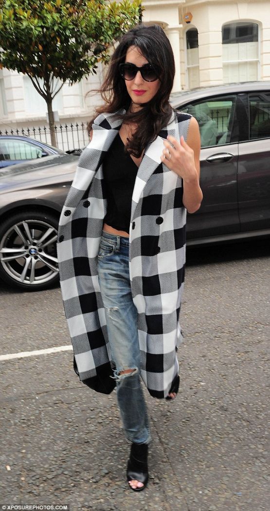 amal clooney plaid sleeveles checkered coat peep toe booties london style edgy casual june 2015