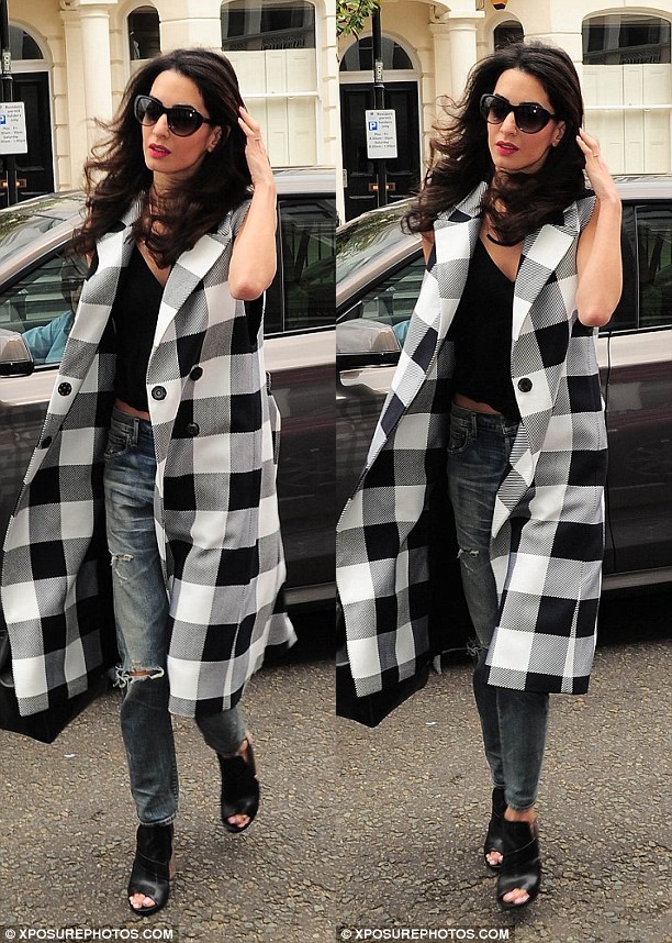 amal clooney plaid sleeveles checkered coat peep toe booties london style edgy casual june 20152 4-horz