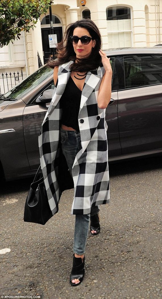 amal clooney plaid sleeveles checkered coat peep toe booties london style edgy casual june 20152 9
