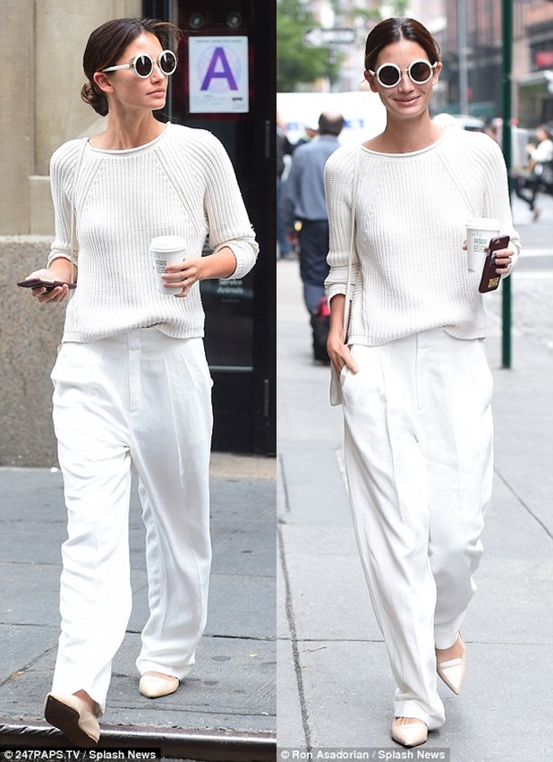 lily aldridge white outfit loafers style pants june 2015 5-horz