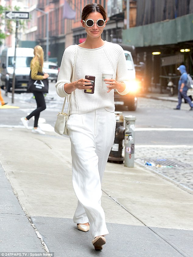 lily aldridge white outfit loafers style pants june 2015