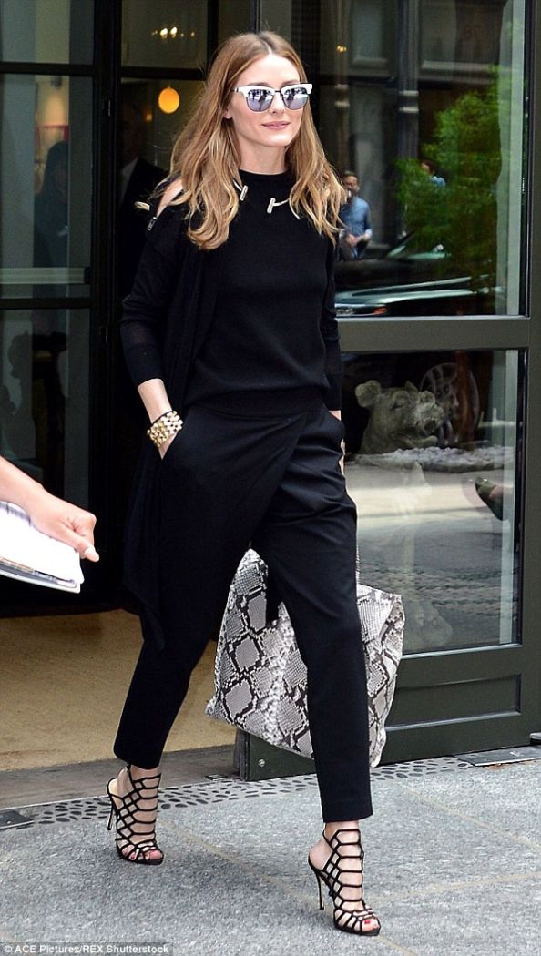 olivia palermo strappy sandals crop pants cardigan june 2015  style snake tote