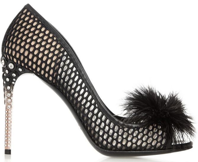 miu miu feather embellished perforated cutout mesh honeycomb crystal heel pumps