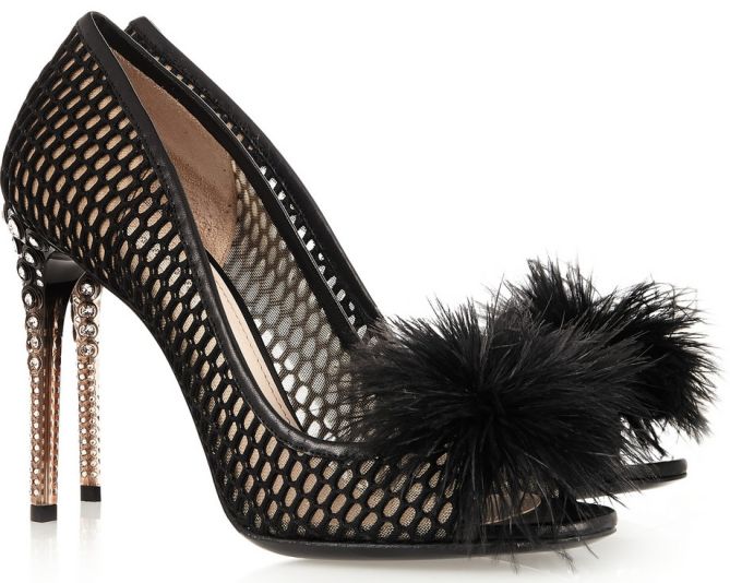 miu miu feather embellished perforated cutout mesh honeycomb crystal heel pumps234