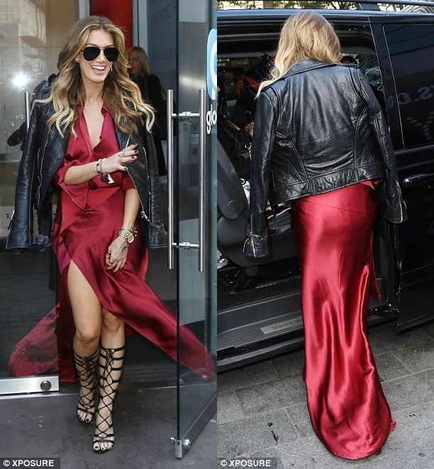 delta goodrem red satin dress wings promotion gladiator sandals leather jacket 4-horz