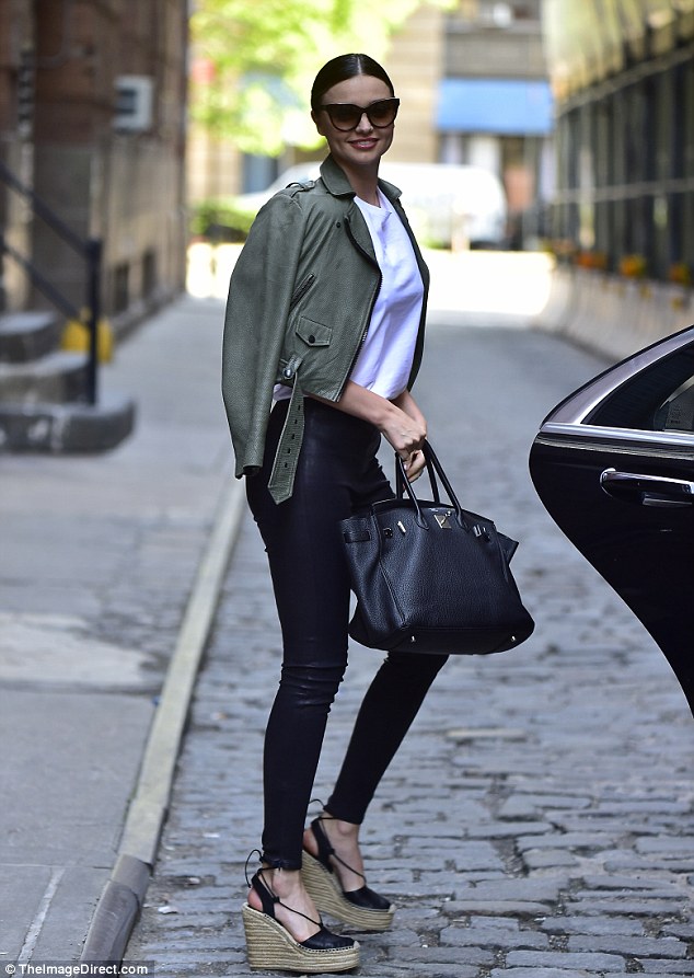 How Miranda Kerr Wears Leather Saint Laurent Wedges With Leggings