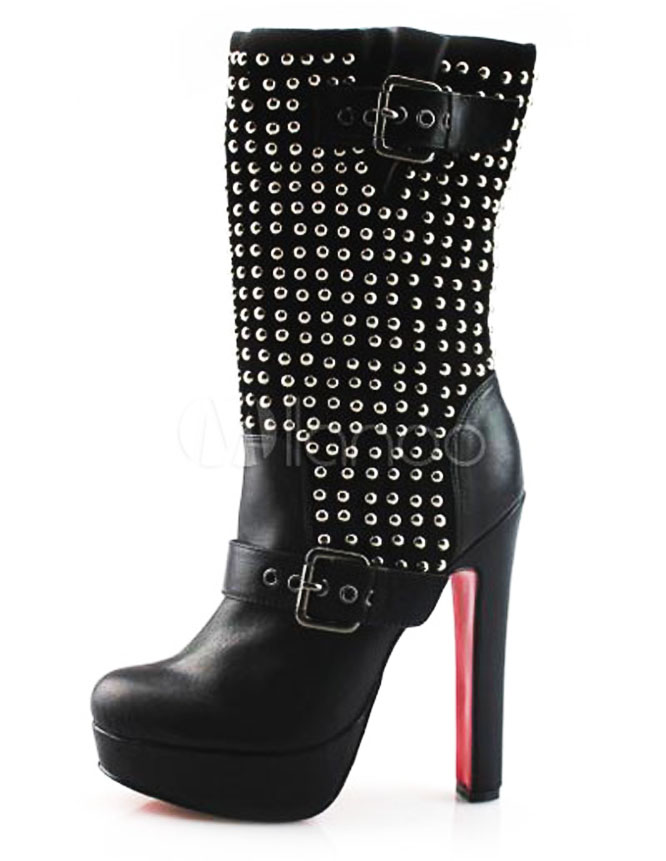 Black Chunky Heel Rivet Sheepskin Mid Calf Boots for Women – Shoes Post