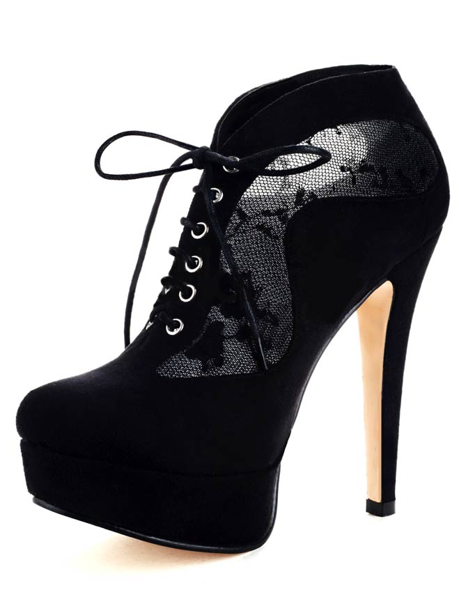 Black Lace Up Sheepskin Suede High Heel Booties for Women - Shoes Post