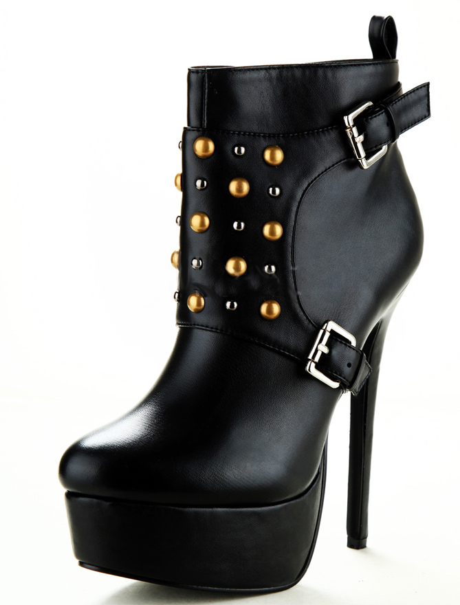 Black Spike Style Studded Sheepskin Women’s High Heel Booties – Shoes Post