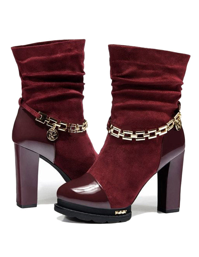 Burgundy Chains Suede Leather Chunky Ankle Boots for Women