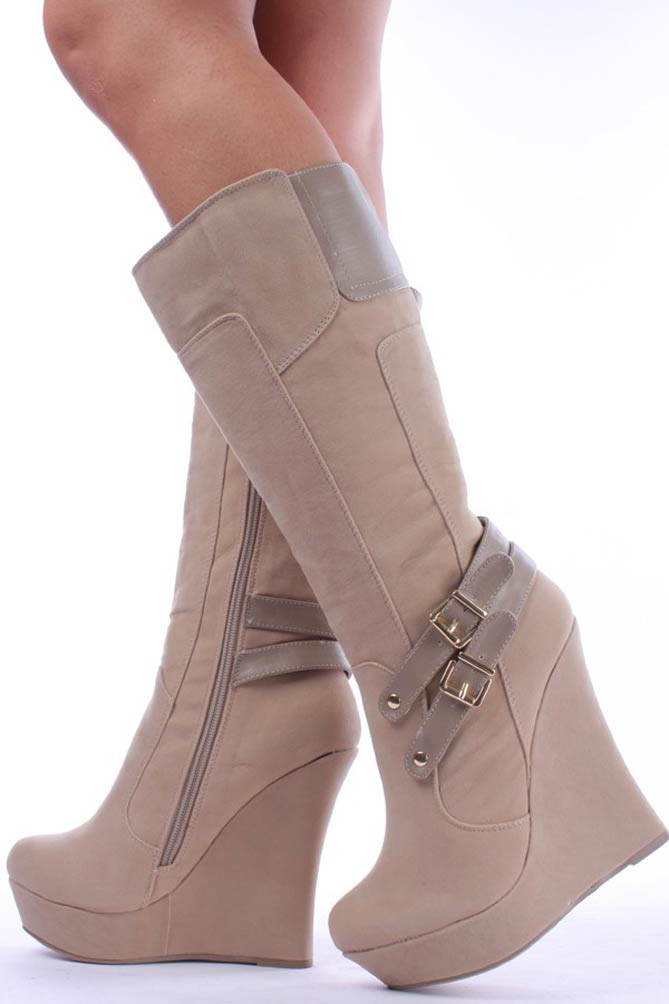 Taupe Faux Suede Buckle Straps Platform Wedge Knee High Boots Shoes Post