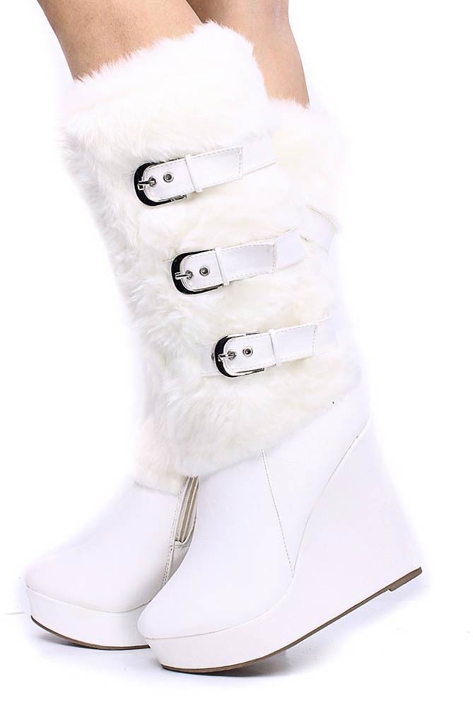 white fur wedge boots