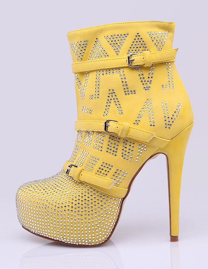 Yellow Round Toe Stiletto Heel Monogram Suede Fabulous Woman's High ...