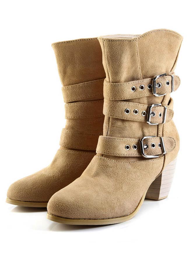 Apricot Buckles Chic Suede Leather Chunky Ankle Boots for Woman – Shoes ...