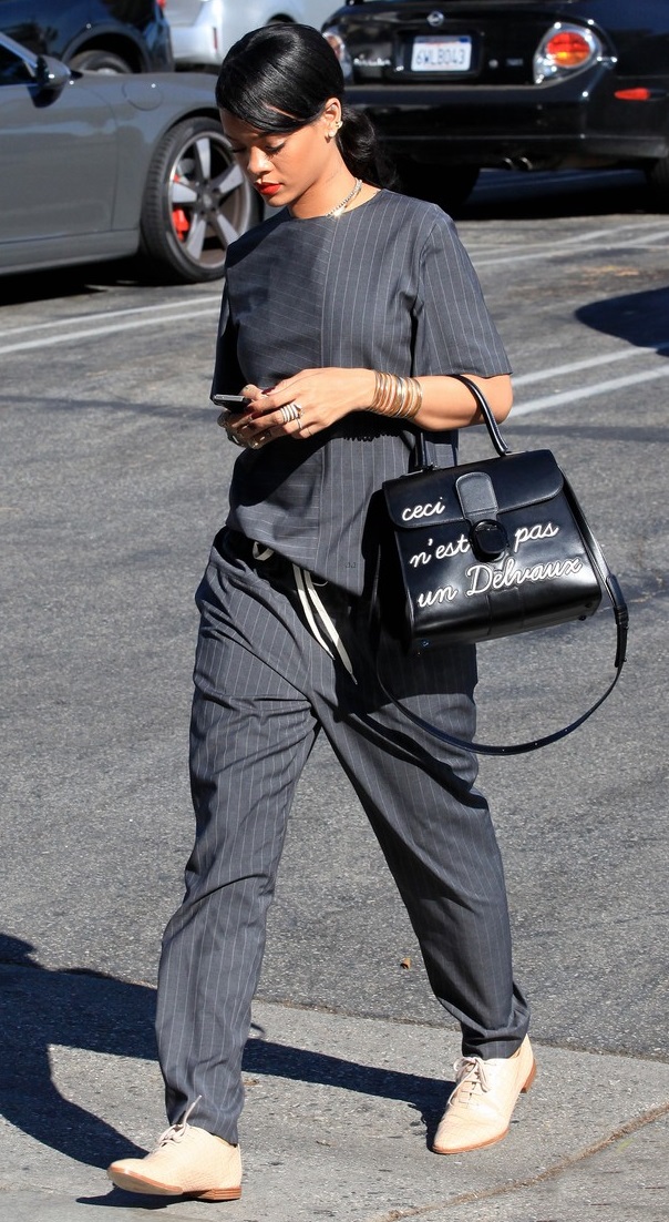 Rihanna Covers Up Her Assets in Pinstripe Pajama Outfit – Shoes Post