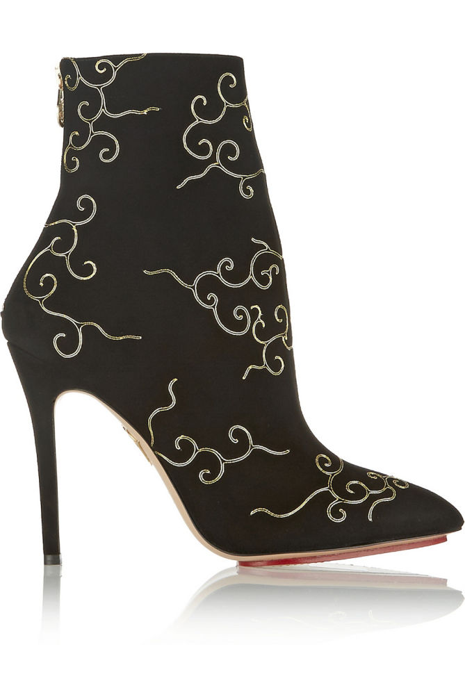CHARLOTTE OLYMPIA Betsy Embroidered Suede Ankle Boots – Shoes Post