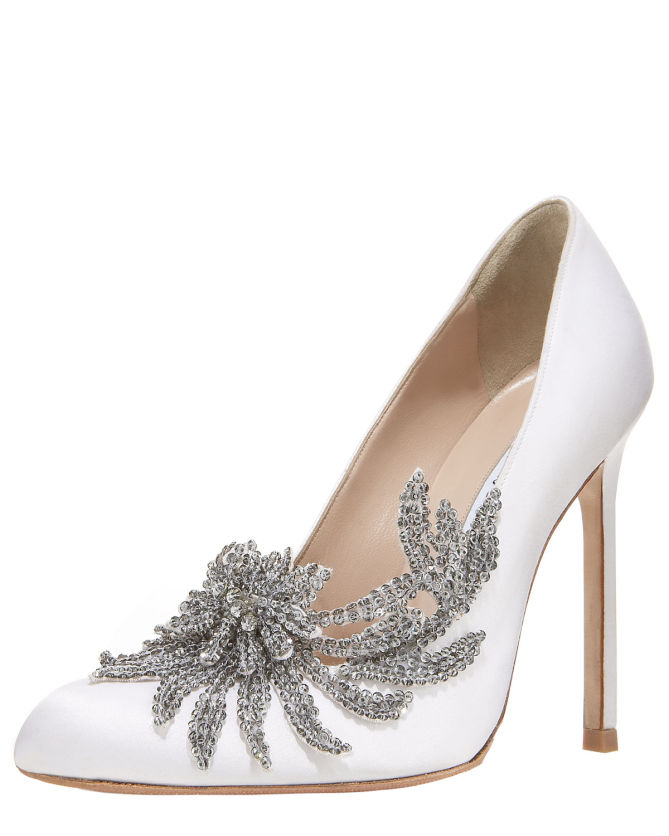 Manolo Blahnik Swan Embellished Satin Pump, White – Shoes Post