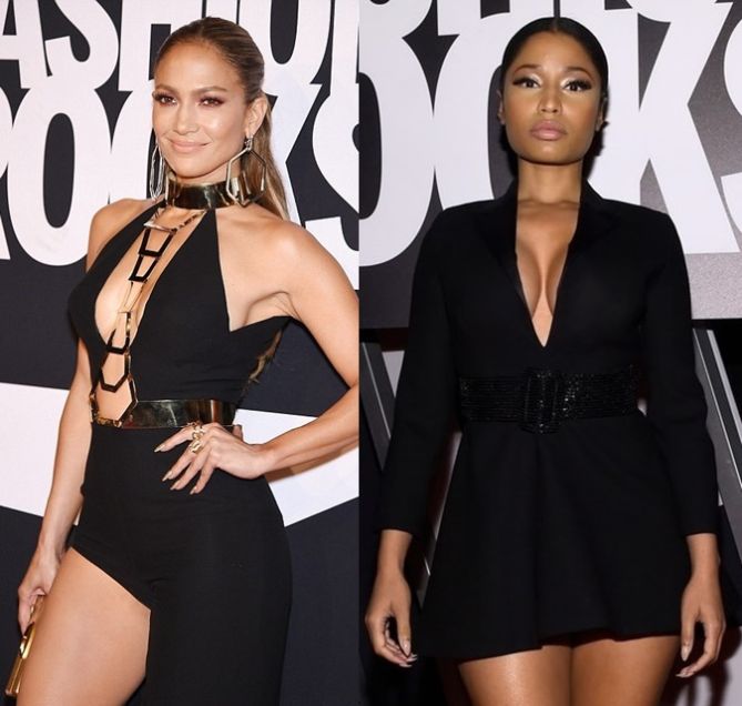 Jennifer Lopez And Nicki Minaj Dressed In Different Black Outfits, Serving  Opposite Vibes